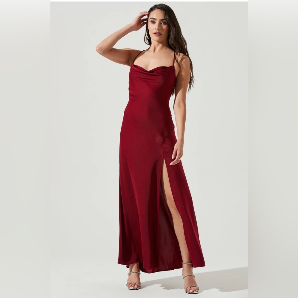 ASTR The Label Red Satin Cowl Neck Dress